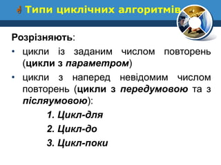  Типи циклічних алгоритмів 
Розрiзняють: 
•цикли iз заданим числом повторень (цикли з параметром) 
•цикли з напеpед невiдомим числом повторень (цикли з передумовою та з пiсляумовою): 
1. Цикл-для 
2. Цикл-до 
3. Цикл-поки  