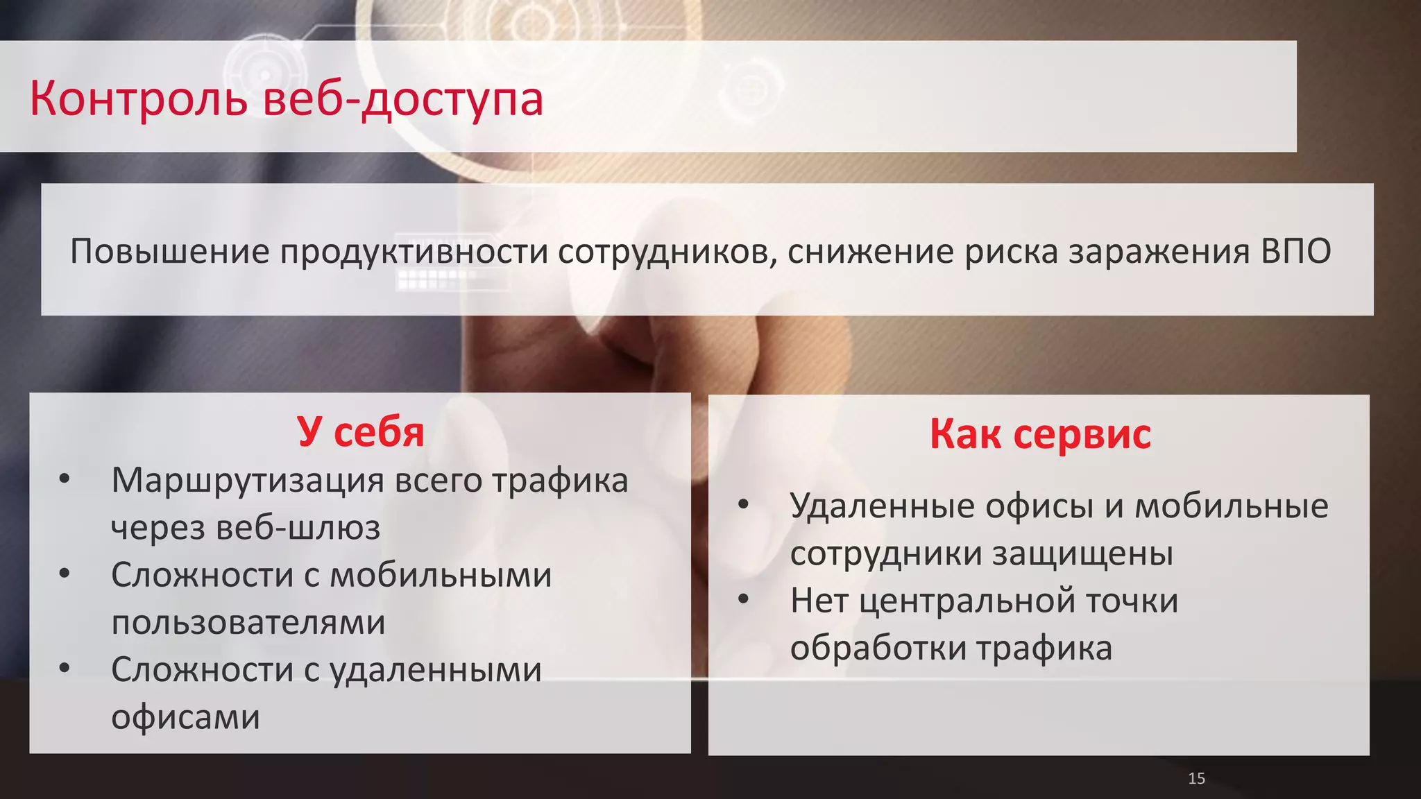 15 
Контроль веб-доступа 
Повышение продуктивности сотрудников, снижение риска заражения ВПО 
Как сервис 
• Удаленные офисы и мобильные 
сотрудники защищены 
• Нет центральной точки 
обработки трафика 
• Маршрутизация всего трафика 
через веб-шлюз 
• Сложности с мобильными 
пользователями 
• Сложности с удаленными 
офисами 
У себя 
 