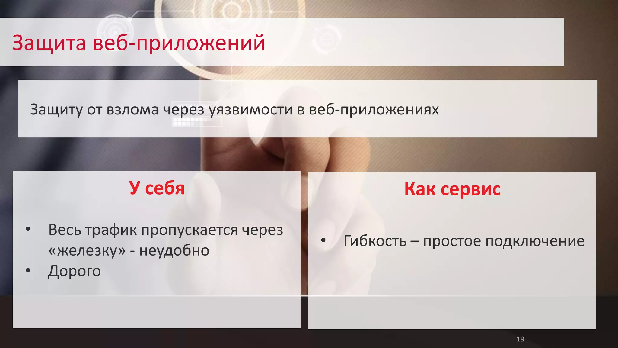 19 
Защита веб-приложений 
Защиту от взлома через уязвимости в веб-приложениях 
Как сервис 
• Гибкость – простое подключение 
• Весь трафик пропускается через 
«железку» - неудобно 
• Дорого 
У себя 
 