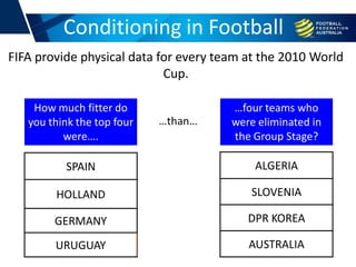 FIFA provide physical data for every team at the 2010 World
Cup.
Conditioning in Football
ALGERIA
SLOVENIA
DPR KOREA
AUSTRALIA
SPAIN
HOLLAND
GERMANY
URUGUAY
How much fitter do
you think the top four
were….
…than…
…four teams who
were eliminated in
the Group Stage?
 