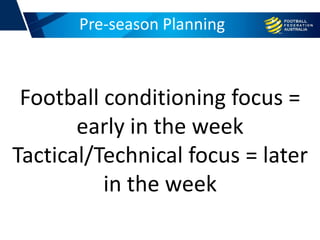 Pre-season Planning
Football conditioning focus =
early in the week
Tactical/Technical focus = later
in the week
 