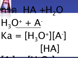 กรด HA +H2O 
H3O+ + A-Ka 
= [H3O+][A-] 
[HA] 
[A-] =[HO+] 
 