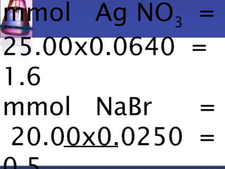mmol Ag NO3 = 
25.00x0.0640 = 
1.6 
mmol NaBr = 
20.00x0.0250 = 
0.5 
 