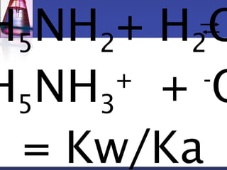 H5NH2+ H2O 
H5NH3 
+ + -OH 
= Kw/Ka 
 