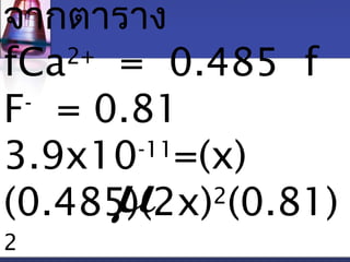 จากตาราง 
fCa2+ = 0.485 f 
F- = 0.81 
3.9x10-11=(x) 
(0.485)(m 
2x)2(0.81) 
2 
 