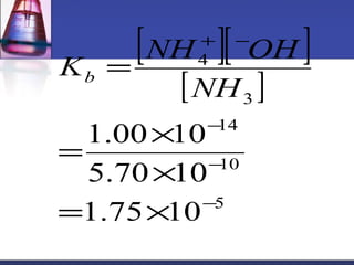 [ + ][ - 
] 
[ ] 
K NH OH b 
- 
14 
- 
10 
5 
3 
4 
= 
= ´ 
1.00 10 
´ 
5.70 10 
1.75 10 
- 
= ´ 
NH 
 