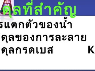 มดุลที่สำาคัญ 
รแตกตัวของนำ้า มดุลของการละลาย มดุลกรดเบส Ka  