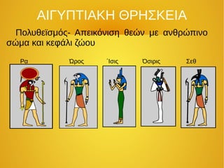 ΑΙΓΥΠΤΙΑΚΗ ΘΡΗΣΚΕΙΑ 
Πολυθεϊσμός- Απεικόνιση θεών με ανθρώπινο 
σώμα και κεφάλι ζώου 
Ρα Ώρος ΄Ισις Όσιρις Σεθ 
 