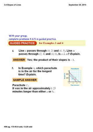3.4 Slopes of Lines 
HW pg. 175 #3­9 
odd, 13­29 
odd 
September 29, 2014 
With your group, 
complete problems 4 & 5 in guided practice. 
 