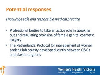 Potential responses 
Encourage safe and responsible medical practice 
• Professional bodies to take an active role in speaking 
out and regulating provision of female genital cosmetic 
surgery 
• The Netherlands: Protocol for management of women 
seeking labioplasty developed jointly between O&Gs 
and plastic surgeons 
 