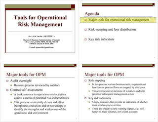 Tools for Operational
Risk Management
Dr. LAM Yat-fai (林日辉博士林日辉博士林日辉博士林日辉博士)
Doctor of Business Administration (Finance)
CFA, CAIA, FRM, PRM, MCSE, MCNE
PRMIA Award of Merit 2005
E-mail: quanrisk@gmail.com
2
Agenda
Major tools for operational risk management
Risk mapping and loss distribution
Key risk indicators
3
Major tools for OPM
Audit oversight
Business process reviewed by auditors
Control self-assessment
A bank assesses its operations and activities
against a menu of potential risk vulnerabilities
This process is internally driven and often
incorporates checklists and/or workshops to
identify the strengths and weaknesses of the
operational risk environment
4
Major tools for OPM
Risk mapping
In this process, various business units, organizational
functions or process flows are mapped by risk types
This exercise can reveal areas of weakness and help
prioritize subsequent management action
Key risk indicators
Simple measures that provide an indication of whether
risks are changing over time
These are objective early warning signals, e.g. staff
turnover, trade volumes, new client accounts
 