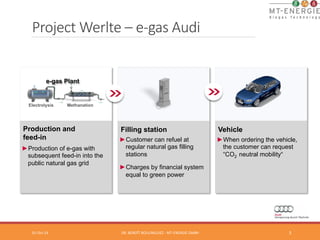 Project Werlte – e-­‐gas Audi 
e-gas Plant 
01-­‐Oct-­‐14 
DR. 
BENOÎT 
BOULINGUIEZ 
-­‐ 
MT-­‐ENERGIE 
GMBH 
3 
Filling station 
► Customer can refuel at 
regular natural gas filling 
stations 
► Charges by financial system 
equal to green power 
Electrolysis 
Methanation 
Production and 
feed-in 
► Production of e-gas with 
subsequent feed-in into the 
public natural gas grid 
Vehicle 
► When ordering the vehicle, 
the customer can request 
“CO2 neutral mobility“ 
 