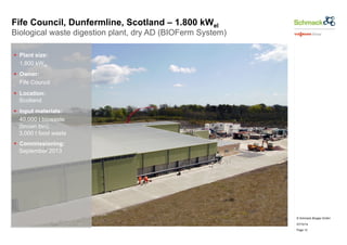 © Schmack Biogas GmbH 
07/10/14 
Page 12 
Fife Council, Dunfermline, Scotland – 1.800 kWel 
Biological waste digestion plant, dry AD (BIOFerm System) 
§ Plant size: 
1,800 kWel 
§ Owner: 
Fife Council 
§ Location: 
Scotland 
§ Input materials: 
40,000 t biowaste 
(brown bin), 
3,000 t food waste 
§ Commissioning: 
September 2013 
 