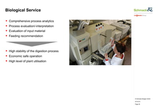 © Schmack Biogas GmbH 
07/10/14 
Page 20 
Biological Service 
§ Comprehensive process analytics 
§ Process evaluation/-interpretation 
§ Evaluation of input material 
§ Feeding recommendation 
§ High stability of the digestion process 
§ Economic safe operation 
§ High level of plant utilisation 
 