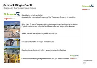 © Schmack Biogas GmbH 
07/10/14 
Page 7 
Schmack Biogas GmbH 
Biogas in the Viessmann Group 
Subsidiaries in Italy and USA 
Access to the international network of the Viessmann Group in 40 countries 
More than 15 year of experience in project development and plant engineering 
Projects implemented in Central and Eastern Europe region, USA & Japan 
Added Value in feeding- and agitation technology 
Service solutions for all biogas related issues 
Construction and operation of dry anaerobic digestion facilities 
Construction and design of gas treatment and gas feed-in facilities 
 