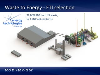 Waste 
to 
Energy 
-­‐ 
ETI 
selec5on 
22 
MW 
RDF 
from 
UK 
waste, 
to 
7 
MW 
net 
electricity 
 