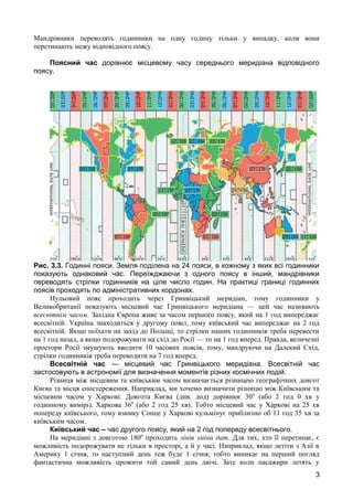 Мандрівники переводять годинники на одну годину тільки у випадку, коли вони 
перетинають межу відповідного поясу. 
Поясний час дорівнює місцевому часу середнього меридіана відповідного 
поясу. 
Рис. 3.3. Годинні пояси. Земля поділена на 24 пояси, в кожному з яких всі годинники 
показують однаковий час. Переїжджаючи з одного поясу в інший, мандрівники 
переводять стрілки годинників на ціле число годин. На практиці границі годинних 
поясів проходять по адміністративних кордонах. 
Нульовий пояс проходить через Гринвіцький меридіан, тому годинники у 
Великобританії показують місцевий час Гринвіцького меридіана — цей час називають 
всесвітнім часом. Західна Європа живе за часом першого поясу, який на 1 год випереджає 
всесвітній. Україна знаходиться у другому поясі, тому київський час випереджає на 2 год 
всесвітній. Якщо поїхати на захід до Польщі, то стрілки наших годинників треба перевести 
на 1 год назад, а якщо подорожувати на схід до Росії — то на 1 год вперед. Правда, величезні 
простори Росії змушують вводити 10 часових поясів, тому, мандруючи на Далекий Схід, 
стрілки годинників треба переводити на 7 год вперед. 
Всесвітній час — місцевий час Гринвіцького меридіана. Всесвітній час 
застосовують в астрономії для визначення моментів різних космічних подій. 
Різниця між місцевим та київським часом визначається різницею географічних довгот 
Києва та місця спостереження. Наприклад, ми хочемо визначити різницю між Київським та 
місцевим часом у Харкові. Довгота Києва (див. дод) дорівнює 300 (або 2 год 0 хв у 
годинному вимірі), Харкова 360 (або 2 год 25 хв). Тобто місцевий час у Харкові на 25 хв 
попереду київського, тому взимку Сонце у Харкові кульмінує приблизно об 11 год 35 хв за 
київським часом. 
Київський час – час другого поясу, який на 2 год попереду всесвітнього. 
На меридіані з довготою 1800 проходить лінія зміни дат. Для тих, хто її перетинає, є 
можливість подорожувати не тільки в просторі, а й у часі. Наприклад, якщо летіти з Азії в 
Америку 1 січня, то наступний день теж буде 1 січня, тобто виникає на перший погляд 
фантастична можливість прожити той самий день двічі. Зате коли пасажири летять у 
3 
 