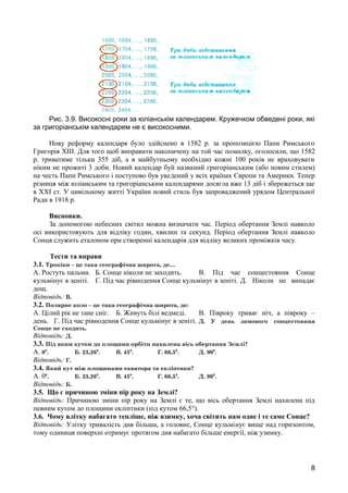 Рис. 3.9. Високосні роки за юліанськім календарем. Кружечком обведені роки, які 
за григоріанськім календарем не є високосними. 
Нову реформу календаря було здійснено в 1582 р. за пропозицією Папи Римського 
Григорія XIII. Для того щоб виправити накопичену на той час помилку, оголосили, що 1582 
р. триватиме тільки 355 діб, а в майбутньому необхідно кожні 100 років не враховувати 
ніким не прожиті 3 доби. Новий календар буй названий григоріанським (або новим стилем) 
на честь Папи Римського і поступово був уведений у всіх країнах Європи та Америки. Тепер 
різниця між юліанським та григоріанським календарями досягла вже 13 діб і збережеться ще 
в XXI ст. У цивільному житті України новий стиль був запроваджений урядом Центральної 
Ради в 1918 р. 
Висновки. 
За допомогою небесних світил можна визначати час. Період обертання Землі навколо 
осі використовують для відліку годин, хвилин та секунд. Період обертання Землі навколо 
Сонця служить еталоном при створенні календарів для відліку великих проміжків часу. 
Тести та вправи 
3.1. Тропіки – це така географічна широта, де… 
А. Ростуть пальми. Б. Сонце ніколи не заходить. В. Під час сонцестояння Сонце 
кульмінує в зеніті. Г. Під час рівнодення Сонце кульмінує в зеніті. Д. Ніколи не випадає 
дощ. 
Відповідь: В. 
3.2. Полярне коло – це така географічна широта, де: 
А. Цілий рік не тане сніг. Б. Живуть білі ведмеді. В. Півроку триває ніч, а півроку – 
день. Г. Під час рівнодення Сонце кульмінує в зеніті. Д. У день зимового сонцестояння 
Сонце не сходить. 
Відповідь: Д. 
3.3. Під яким кутом до площини орбіти нахилена вісь обертання Землі? 
А. 00. Б. 23,260. В. 450. Г. 66,50. Д. 900. 
Відповідь: Г. 
3.4. Який кут між площинами екватора та екліптики? 
А. 00. Б. 23,260. В. 450. Г. 66,50. Д. 900. 
Відповідь: Б. 
3.5. Що є причиною зміни пір року на Землі? 
Відповідь: Причиною зміни пір року на Землі є те, що вісь обертання Землі нахилена під 
певним кутом до площини екліптики (під кутом 66,5°). 
3.6. Чому влітку набагато тепліше, ніж взимку, хоча світить нам одне і те саме Сонце? 
Відповідь: Улітку тривалість дня більша, а головне, Сонце кульмінує вище над горизонтом, 
тому одиниця поверхні отримує протягом дня набагато більше енергії, ніж узимку. 
8 
 