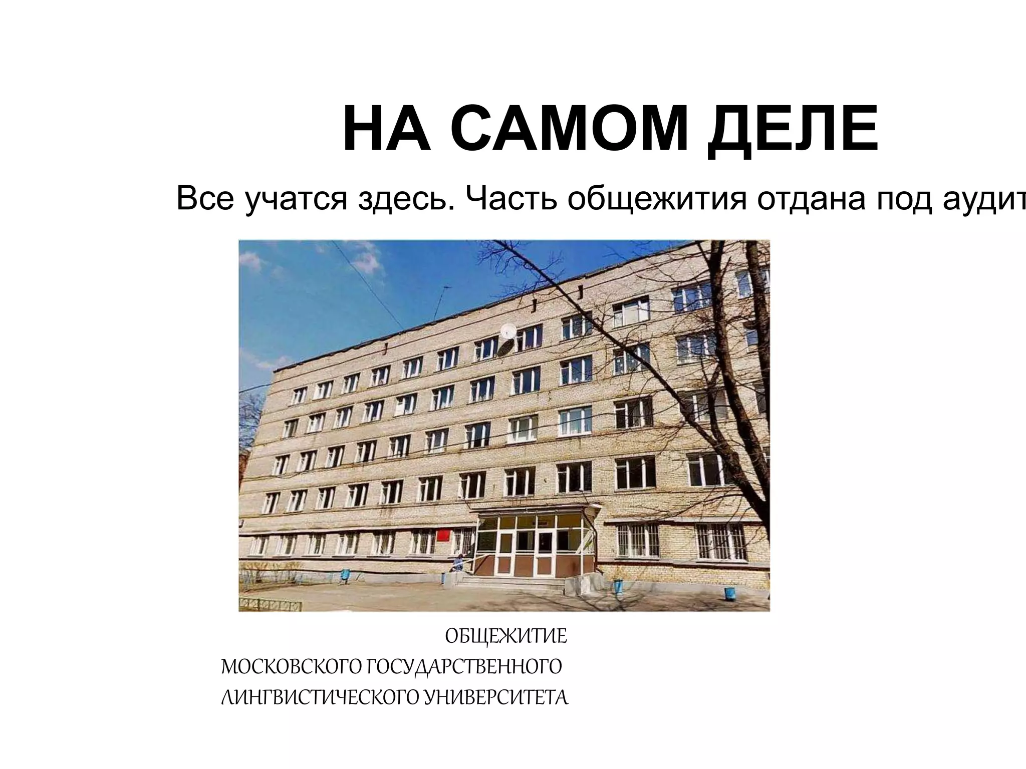 НА САМОМ ДЕЛЕ 
Все учатся здесь. Часть общежития отдана под аудитории, ОБЩЕЖИТИЕ 
МОСКОВСКОГО ГОСУДАРСТВЕННОГО 
ЛИНГВИСТИЧЕСКОГО УНИВЕРСИТЕТА 
 