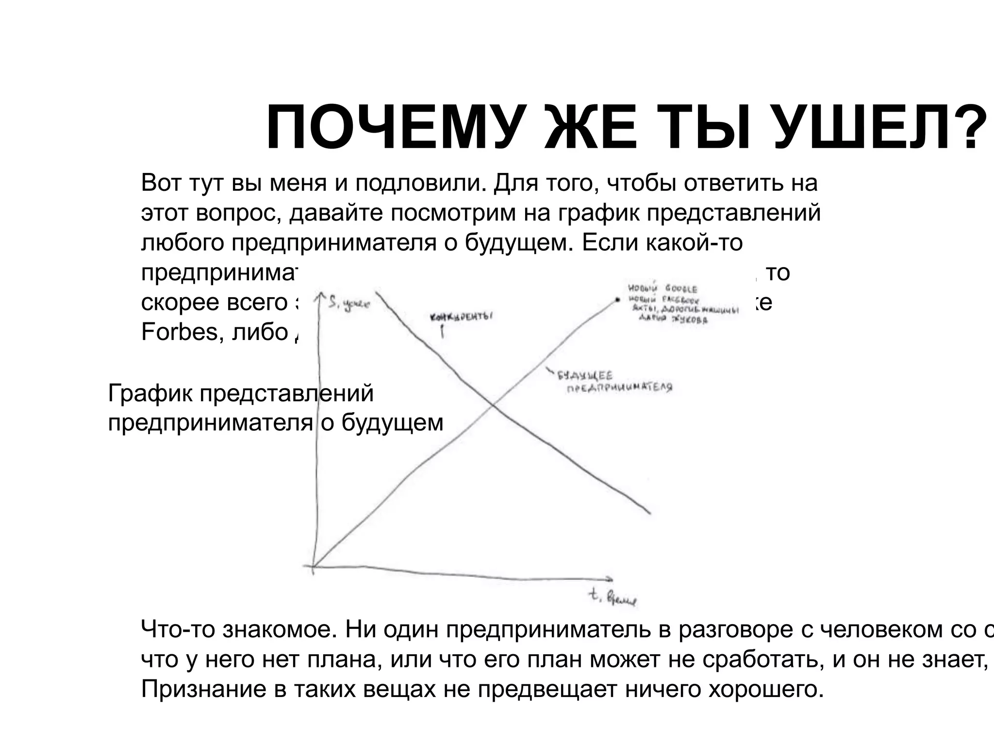 ПОЧЕМУ ЖЕ ТЫ УШЕЛ? 
Вот тут вы меня и подловили. Для того, чтобы ответить на 
этот вопрос, давайте посмотрим на график представлений 
любого предпринимателя о будущем. Если какой-то 
предприниматель представляет свое будущее иначе, то 
скорее всего этот предприниматель либо уже в списке 
Forbes, либо довольно скоро там окажется. 
График представлений 
предпринимателя о будущем 
Что-то знакомое. Ни один предприниматель в разговоре с человеком со стороны что у него нет плана, или что его план может не сработать, и он не знает, Признание в таких вещах не предвещает ничего хорошего. 
 