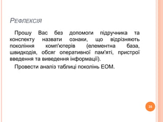 РЕФЛЕКСІЯ 
Прошу Вас без допомоги підручника та 
конспекту назвати ознаки, що відрізняють 
покоління комп'ютерів (елементна база, 
швидкодія, обсяг оперативної пам'яті, пристрої 
введення та виведення інформації). 
Провести аналіз таблиці поколінь ЕОМ. 
35 
 