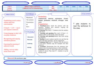 المشرفالتربوي : 
معلم المادة : 
مدير المدرسة : 
MATERIALS 
Learning Strategy 
EVALUATION 
OBJECTIVES 
Blackboard 
The textbook 
Presentations 
CD 
Audio 
Vocabulary: 
communicate, emotion, expression, formal, madam, pronounce, situation, stranger, tone, voice 
Presentation: 
A ReadingStudents match the pictures with the sentences. Students give answers, copying the characters’ expressions 
B Listening Play track 17. Students write the numbers in the boxes. 
C Listening and speaking Play track 18 Parts 1, 2. Students follow in their books, listen and repeat. 
D Listening and speakingStudents take turns saying the sentences. 
E Reading In pairs students read the text and find the words with these meanings. Ask for suggestions. 
F Language help Read 1-3. Students write the answers on the board. Students copy the examples into their notebooks. 
G Grammar Demonstrate how the sentences join. Students write the joined sentences in their notebooks. 
ListeningPlay track 19. Pause after each item to allow students to answer. Play track 19 – students to say the missing words. 
Discussion 
Role play 
Listening 
miming 
T asks students to read the sentences to the class. 
Establishing social contact, initiate and close conversations 
Using by + verb + -ing to join separate sentences 
Using language to deal with everyday situations 
Recognizing and copying intonation patterns 
Guessing the meaning of unknown words 
Adding -ation to make nouns from verbs 
Homework: Do exerciseson page 
WED. TUE.. MON. SUN. SAT. Day Helloes, helpers and heroes Unit 4 Date 1 Different ways of communicating Lesson - - - - - Class - Share Warm Up 
 