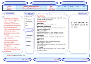 المشرفالتربوي : 
معلم المادة : 
مدير المدرسة : 
MATERIALS 
Learning Strategy 
EVALUATION 
OBJECTIVES 
Blackboard 
The textbook 
Presentations 
CD 
Audio 
Vocabulary: 
ankle, collect, get on (a bus), icy, put away, switch on/off, washing up 
Presentation: 
A Listening 
Play track 20. Students write T or F. 
B Listening and speaking 
Play track 20 again. In pairs, students take turns to ask and answer the questions. 
C Language help 
Read the information as a class. Students copy the information and three examples into their notebooks. 
D Grammar 
Ask students, in pairs, to read the prompts and make the sentences. 
E Grammar 
Ask students, in pairs, to make the sentences. 
F Reading and speaking 
Ask students to read the e-mail and ask and answer the questions in pairs. 
G Writing 
Students use the information to write e-mails suitable to send to a friend. 
Discussion 
Role play 
Listening 
miming 
T asks students to read their e-mails to the class. 
Describing experiences, events (real or imaginary) 
Using a variety of vocabulary and structures tocommunicate information in everyday situations 
Using present perfect verbs with already and yet 
Reading information about the Hajj 
Linking sentences with not only … but also 
Understanding the main idea and/or basic information in monologues or dialogues 
Writing notesand short messages conveying simple information 
Homework: Do exerciseson page 
WED. TUE.. MON. SUN. SAT. Day Helloes, helpers and heroes Unit 4 Date 2 Have you bought the flowers yet? Lesson - - - - - Class - Share Warm Up 
 