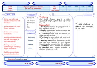 المشرفالتربوي : 
معلم المادة : 
مدير المدرسة : 
MATERIALS 
Learning Strategy 
EVALUATION 
OBJECTIVES 
Blackboard 
The textbook 
Presentations 
CD 
Audio 
Vocabulary: 
clear (adj.), distance, general, particular, roundabout, simple, system, turn (v), turning (n), visitor 
Presentation: 
A ReadingStudents match the paragraphs with the titles. Check the answers. 
B ReadingStudents mark sentences true or false then check with a partner. 
C VocabularyStudents read the sentences and match them with pictures. 
D VocabularyIn pairs, students take turns to ask and answer about each picture. 
E Language helpRead the information as a class and elicit more examples of each structure. Students copy the information into their notebooks. 
F ListeningPlay track32. Students trace the routes. 
G SpeakingIn pairs, students paraphrase the directions in their own words. 
Discussion 
Role play 
Listening 
miming 
T asks students to present their dialogues to the class. 
Giving and following detailed instructions and directions 
Using clauses with when, before, after,etc. 
Giving morecomplex instructions 
Finding and understanding relevant information in everyday material 
Writing notes and shortmessages conveying simple information 
Building up vocabulary connected to directions 
Homework: Do exerciseson page 
WED. TUE.. MON. SUN. SAT. Day Requests, opinions and directions Unit 6 Date 3 Where's the nearest bank? Lesson - - - - - Class - Share Warm Up 
 