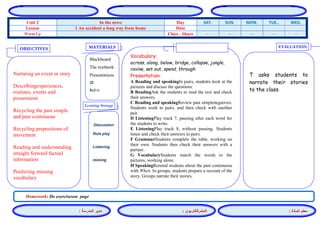 المشرفالتربوي : 
معلم المادة : 
مدير المدرسة : 
MATERIALS 
Learning Strategy 
EVALUATION 
OBJECTIVES 
Blackboard 
The textbook 
Presentations 
CD 
Audio 
Vocabulary: 
across, along, below, bridge, collapse, jungle, ravine, set out, spend, through 
Presentation: 
A Reading and speakingIn pairs, students look at the pictures and discuss the questions. 
B ReadingAsk the students to read the text and check their answers. 
C Reading and speakingReview past simplenegatives. Students work in pairs, and then check with another pair. 
D ListeningPlay track 7, pausing after each word for the students to write. 
E ListeningPlay track 8, without pausing. Students listen and check their answers in pairs. 
F GrammarStudents complete the table, working on their own. Students then check their answers with a partner. 
G VocabularyStudents match the words to the pictures, working alone. 
H SpeakingRemind students about the past continuous with When. In groups, students prepare a recount of the story. Groups narrate their stories. 
Discussion 
Role play 
Listening 
miming 
T asks students to narrate their stories to the class. 
Narrating an event or story 
Describingexperiences, routines, events and possessions 
Recycling the past simple and past continuous 
Recycling prepositions of movement 
Reading and understanding straight forward factual information 
Predicting missing vocabulary 
Homework: Do exerciseson page 
WED. TUE.. MON. SUN. SAT. Day In the news Unit 2 Date 1 An accident a long way from home Lesson - - - - - Class - Share Warm Up 
 