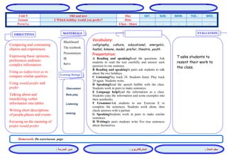 المشرفالتربوي : 
معلم المادة : 
مدير المدرسة : 
MATERIALS 
Learning Strategy 
EVALUATION 
OBJECTIVES 
Blackboard 
The textbook 
Presentations 
CD 
Audio 
Vocabulary: 
calligraphy, culture, educational, energetic, hostel, kimono, model, prefer, theatre, youth 
Presentation: 
A Reading and speakingRead the questions. Ask students to read the text carefully and answer each question in one sentence. 
B Reading and speakingIn pairs ask students to talk about the two holidays. 
C ListeningPlay track 24. Students listen. Play track 24 again. Students write. 
D SpeakingRead the speech bubble with the class. Students work in pairs to make sentences. 
E Language helpRead the information as a class. Students copy the information and some examples into their notebooks. 
F GrammarAsk students to use Exercise E to complete the sentences. Students work alone, then check answers with a partner. 
G SpeakingStudents work in pairs to make similar sentences. 
H WritingIn pairs students write five true sentences about themselves. 
Discussion 
Role play 
Listening 
miming 
T asks students to resent their work to the class. 
Comparing and contrasting objects and experiences 
Expressing basic opinions, preferences andmore complex information 
Using as (adjective) as to compare similar qualities 
Using would prefer and prefer 
Talking about and transferring verbal information into tables 
Writing short descriptions of people,places and events 
Focusing on the meaning of prefer/would prefer 
Homework: Do exerciseson page 
WED. TUE.. MON. SUN. SAT. Day Old and new Unit 5 Date 2 Which holiday would you prefer? Lesson - - - - - Class - Share Warm Up 
 