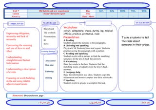 المشرفالتربوي : 
معلم المادة : 
مدير المدرسة : 
MATERIALS 
Learning Strategy 
EVALUATION 
OBJECTIVES 
Blackboard 
The textbook 
Presentations 
CD 
Audio 
Vocabulary: 
circuit, compulsory, crowd, during, lap, medical, official, practice, protective, raise 
Presentation: 
A Reading 
Students match the pictures to the paragraphs. 
B Listening and speaking 
Play track 34. Students listen and repeat. Students practise saying the paragraph with a partner. 
C Reading and speaking 
Students work with a partner to find the matching sentences in the text. Check the answers. 
D Vocabulary 
Read the words in the box. Students find the matching nouns or adjectives in the text. Check answers. 
E Language help 
Read the information as a class. Students copy the information and some examples into their notebooks. 
F Speaking 
Students work in groups to complete the task. 
Discussion 
Role play 
Listening 
miming 
T asks students to tell the class about someone in their group. 
Expressing obligation, necessity and lack of necessity 
Contrasting the meaning and use of have to and 
Must 
Understanding straightforward factual 
Information 
Understanding a description of events 
Focusing on word-building skills and using related adjectivesand nouns 
Homework: Do exerciseson page 
WED. TUE.. MON. SUN. SAT. Day Old habits and new experiences Unit 7 Date 1 Sami's favourite sport Lesson - - - - - Class - Share Warm Up 
 
