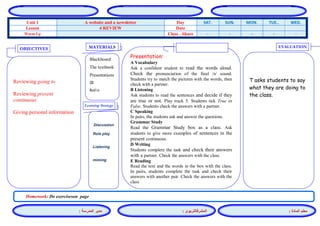 المشرفالتربوي : 
معلم المادة : 
مدير المدرسة : 
MATERIALS 
Learning Strategy 
EVALUATION 
OBJECTIVES 
Blackboard 
The textbook 
Presentations 
CD 
Audio 
Presentation: 
A Vocabulary 
Ask a confident student to read the words aloud. Check the pronunciation of the final /ə/ sound. Students try to match the pictures with the words, then check with a partner. 
B Listening 
Ask students to read the sentences and decide if they are true or not. Play track 5. Students tick True or False. Students check the answers with a partner. 
C Speaking 
In pairs, the students ask and answer the questions. 
Grammar Study 
Read the Grammar Study box as a class. Ask students to give more examples of sentences in the present continuous. 
D Writing 
Students complete the task and check their answers with a partner. Check the answers with the class. 
E Reading 
Read the text and the words in the box with the class. In pairs, students complete the task and check their answers with another pair. Check the answers with the class 
Discussion 
Role play 
Listening 
miming 
T asks students to say what they are doing to the class. 
Reviewing going to 
Reviewing present continuous 
Giving personal information 
Homework: Do exerciseson page 
WED. TUE.. MON. SUN. SAT. Day A website and a newsletter Unit 1 Date 4 REVIEW Lesson - - - - - Class - Share Warm Up 
 