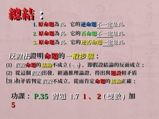 總結：： 
11..原命題為真，，它的逆命題不一定是真。
22..原命題為真，，它的否命題不一定是真。
33..原命題為真，，它的逆否命題一定是真。
反證法證明命題的一般步驟：： 
((11)) 假設命題的結論不成立((┐qq))，，即假設結論的反面成立；； 
((22)) 從這個假設出發，，經過推理論證，，得出與題設相矛盾
((┐33)) pp由))；；矛盾判定假設不成立，，從而肯定命題的結論正確；； 
功課：：PP..3355 習題 11..77 11、22 ((雙數)) 加 
55 
