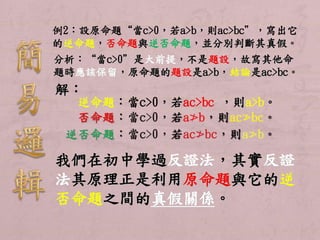 例2：設原命題“當c>0，若a>b，則ac>bc”，寫出它 
的逆命題，否命題與逆否命題，並分別判斷其真假。 
分析：“當c>0”是大前提，不是題設，故寫其他命 
題時應該保留，原命題的題設是a>b，結論是ac>bc。 
解： 
逆命題：當c>0，若ac>bc ，則a>b。 
我們在初中學過反證法，其實反證 
法其原理正是利用原命題與它的逆 
否命題之間的真假關係。 
 