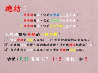 總結： 
1.原命題為真，它的逆命題不一定是真。 
2.原命題為真，它的否命題不一定是真。 
3.原命題為真，它的逆否命題一定是真。 
反證法證明命題的一般步驟： 
(1) 假設命題的結論不成立(┐q)，即假設結論的反面成立； 
(2) 從這個假設出發，經過推理論證，得出與題設相矛盾(┐p)； 
(3) 由矛盾判定假設不成立，從而肯定命題的結論正確； 
功課：P.35 習題1.7 1、2 (雙數) 加5 
