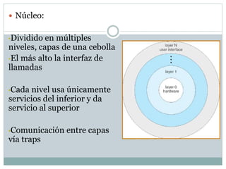  Núcleo: 
•Dividido en múltiples 
niveles, capas de una cebolla 
•El más alto la interfaz de 
llamadas 
•Cada nivel usa únicamente 
servicios del inferior y da 
servicio al superior 
•Comunicación entre capas 
vía traps 
 