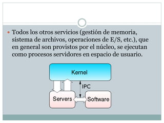  Todos los otros servicios (gestión de memoria, 
sistema de archivos, operaciones de E/S, etc.), que 
en general son provistos por el núcleo, se ejecutan 
como procesos servidores en espacio de usuario. 
 