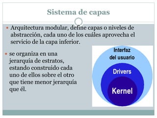 Sistema de capas 
 Arquitectura modular, define capas o niveles de 
abstracción, cada uno de los cuáles aprovecha el 
servicio de la capa inferior. 
 se organiza en una 
jerarquía de estratos, 
estando construido cada 
uno de ellos sobre el otro 
que tiene menor jerarquía 
que él. 
 
