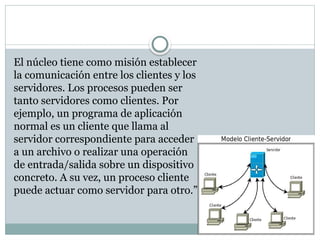 El núcleo tiene como misión establecer
la comunicación entre los clientes y los
servidores. Los procesos pueden ser
tanto servidores como clientes. Por
ejemplo, un programa de aplicación
normal es un cliente que llama al
servidor correspondiente para acceder
a un archivo o realizar una operación
de entrada/salida sobre un dispositivo
concreto. A su vez, un proceso cliente
puede actuar como servidor para otro.”
 