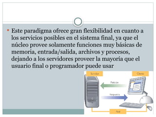  Este paradigma ofrece gran flexibilidad en cuanto a
los servicios posibles en el sistema final, ya que el
núcleo provee solamente funciones muy básicas de
memoria, entrada/salida, archivos y procesos,
dejando a los servidores proveer la mayoría que el
usuario final o programador puede usar
 
