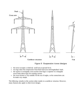 the tower occupies a relatively small area at ground level. 
 two legs share the compression from both transverse and longitudinal loads. 
 the square or rectangular cross-section (four legs) is superior to a triangular 
tower body (three legs) for resisting torsion. 
 the cross-section is very suitable for the use of angles, as the connections can 
be made very simple. 
The following remarks in this section relate mainly to a cantilever structure. However, 
many features also apply to other tower designs. 
 