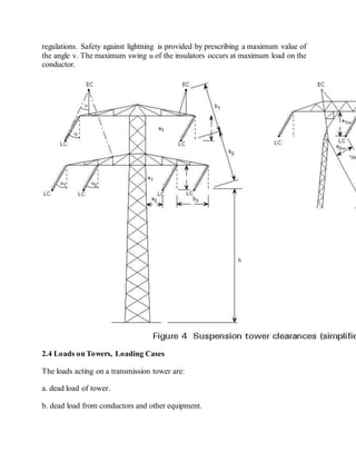 regulations. Safety against lightning is provided by prescribing a maximum value of 
the angle v. The maximum swing u of the insulators occurs at maximum load on the 
conductor. 
2.4 Loads on Towers, Loading Cases 
The loads acting on a transmission tower are: 
a. dead load of tower. 
b. dead load from conductors and other equipment. 
 