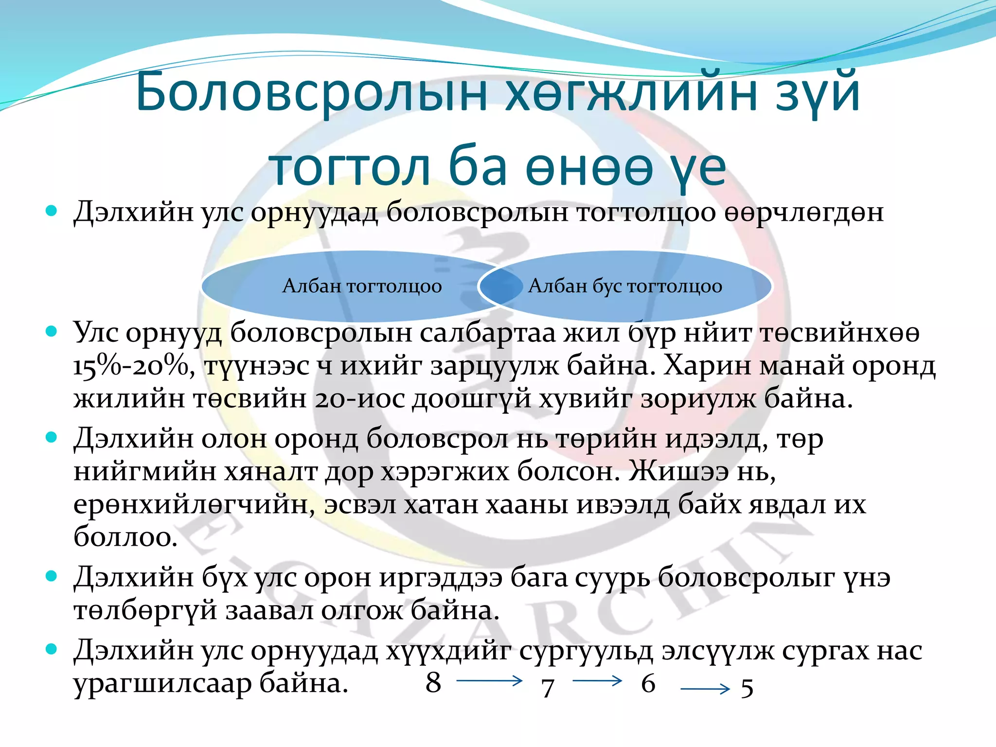 Боловсролын хөгжлийн зүй 
тогтол ба өнөө үе 
 Дэлхийн улс орнуудад боловсролын тогтолцоо өөрчлөгдөн 
Албан тогтолцоо Албан бус тогтолцоо 
 Улс орнууд боловсролын салбартаа жил бүр нйит төсвийнхөө 
15%-20%, түүнээс ч ихийг зарцуулж байна. Харин манай оронд 
жилийн төсвийн 20-иос доошгүй хувийг зориулж байна. 
 Дэлхийн олон оронд боловсрол нь төрийн идээлд, төр 
нийгмийн хяналт дор хэрэгжих болсон. Жишээ нь, 
ерөнхийлөгчийн, эсвэл хатан хааны ивээлд байх явдал их 
боллоо. 
 Дэлхийн бүх улс орон иргэддээ бага суурь боловсролыг үнэ 
төлбөргүй заавал олгож байна. 
 Дэлхийн улс орнуудад хүүхдийг сургуульд элсүүлж сургах нас 
урагшилсаар байна. 8 7 6 5 
 