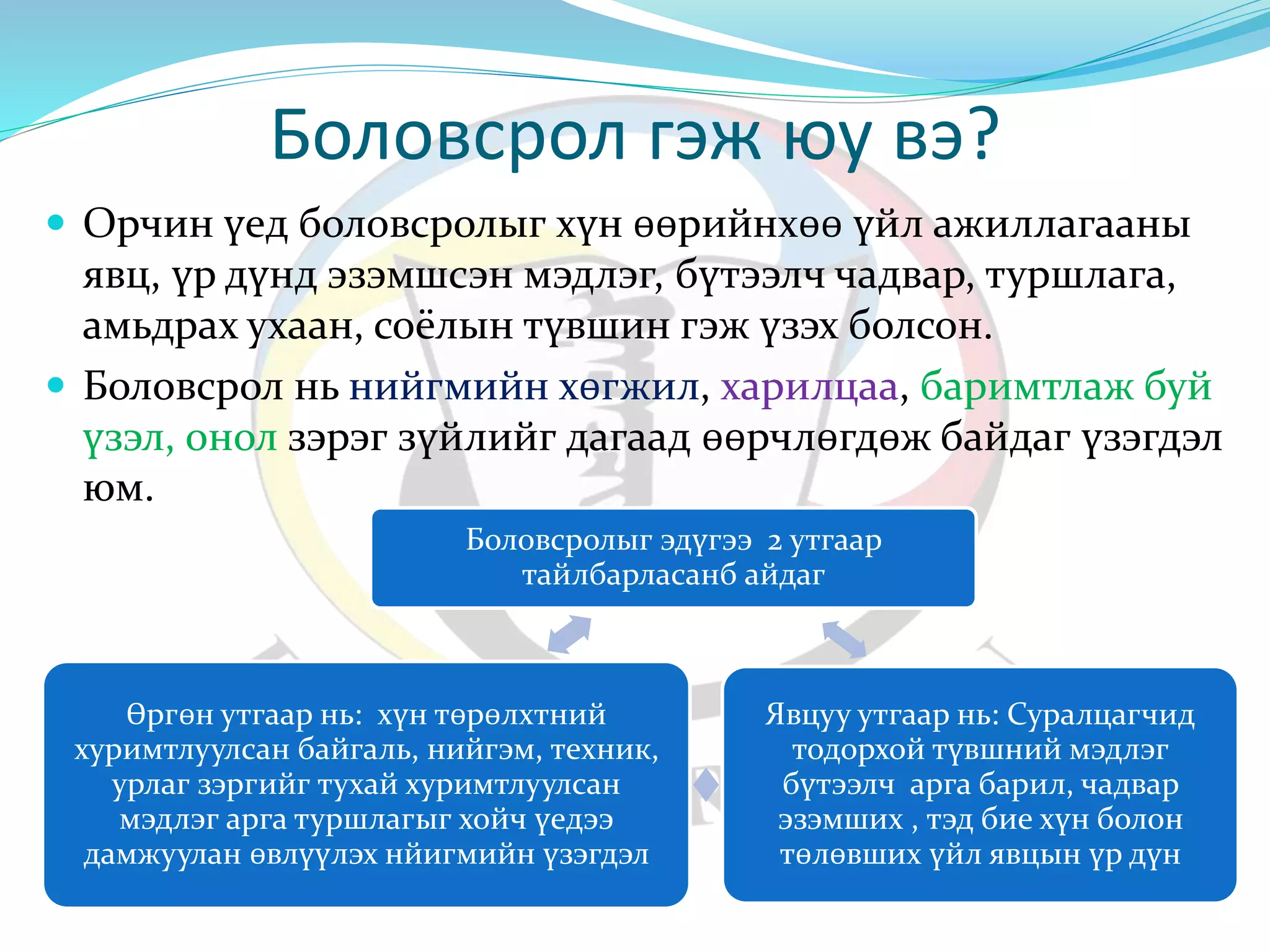 Боловсрол гэж юу вэ? 
 Орчин үед боловсролыг хүн өөрийнхөө үйл ажиллагааны 
явц, үр дүнд эзэмшсэн мэдлэг, бүтээлч чадвар, туршлага, 
амьдрах ухаан, соёлын түвшин гэж үзэх болсон. 
 Боловсрол нь нийгмийн хөгжил, харилцаа, баримтлаж буй 
үзэл, онол зэрэг зүйлийг дагаад өөрчлөгдөж байдаг үзэгдэл 
юм. 
Боловсролыг эдүгээ 2 утгаар 
тайлбарласанб айдаг 
Явцуу утгаар нь: Суралцагчид 
тодорхой түвшний мэдлэг 
бүтээлч арга барил, чадвар 
эзэмших , тэд бие хүн болон 
төлөвших үйл явцын үр дүн 
Өргөн утгаар нь: хүн төрөлхтний 
хуримтлуулсан байгаль, нийгэм, техник, 
урлаг зэргийг тухай хуримтлуулсан 
мэдлэг арга туршлагыг хойч үедээ 
дамжуулан өвлүүлэх нйигмийн үзэгдэл 
 