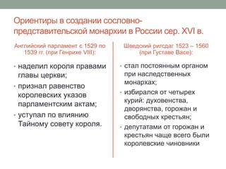 Ориентиры в создании сословно- 
представительской монархии в России сер. XVI в. 
Английский парламент с 1529 по 
1539 гг. (при Генрихе VIII): 
• наделил короля правами 
главы церкви; 
• признал равенство 
королевских указов 
парламентским актам; 
• уступал по влиянию 
Тайному совету короля. 
Шведский ригсдаг 1523 – 1560 
(при Густаве Васе): 
• стал постоянным органом 
при наследственных 
монархах; 
• избирался от четырех 
курий: духовенства, 
дворянства, горожан и 
свободных крестьян; 
• депутатами от горожан и 
крестьян чаще всего были 
королевские чиновники 
 