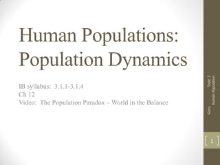 Human Populations: Population Dynamics 
IB syllabus: 3.1.1-3.1.4 
Ch 12 
Video: The Population Paradox – World in the Balance 
Guru Topic 3 Human Population 
1  