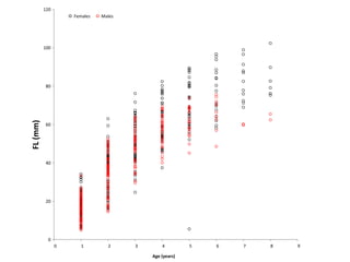 120 
100 
80 
60 
40 
20 
0 
0 1 2 3 4 5 6 7 8 9 
FL (mm) 
Age (years) 
Females Males 
 