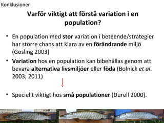 Konklusioner 
Varför viktigt att förstå variation i en 
population? 
• En population med stor variation i beteende/strategier 
har större chans att klara av en förändrande miljö 
(Gosling 2003) 
• Variation hos en population kan bibehållas genom att 
bevara alternativa livsmiljöer eller föda (Bolnick et al. 
2003; 2011) 
• Speciellt viktigt hos små populationer (Durell 2000). 
 