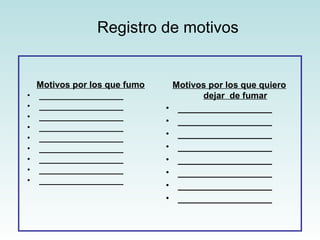 Registro de motivos 
Motivos por los que fumo 
• ___________________ 
• ___________________ 
• ___________________ 
• ___________________ 
• ___________________ 
• ___________________ 
• ___________________ 
• ___________________ 
• ___________________ 
Motivos por los que quiero 
dejar de fumar 
• ___________________ 
• ___________________ 
• ___________________ 
• ___________________ 
• ___________________ 
• ___________________ 
• ___________________ 
• ___________________ 
 