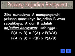 Jika munculnya A mempengaruhi 
peluang munculnya kejadian B atau 
sebaliknya, A dan B adalah 
kejadian bersyarat, sehingga: 
P(A Ç B) = P(A) x P(B/A) 
P(A Ç B) = P(B) x P(A/B) 
 
